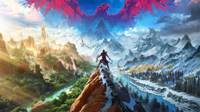 Horizon Call of the Mountain key art main character standing on top of peak