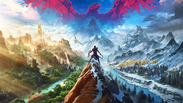 Horizon Call of the Mountain key art main character standing on top of peak