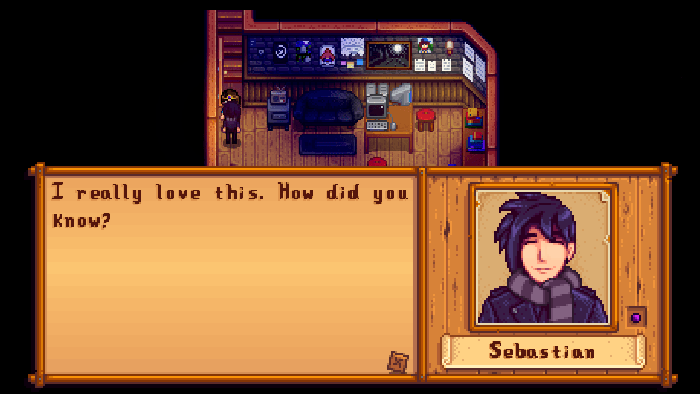 Sebastian receiving a loved gift in Stardew Valley