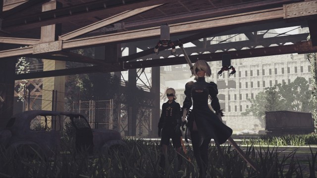 Nier Automata 2B and 9S walking under bridge