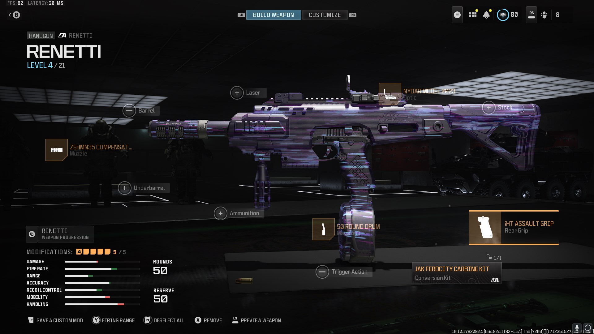 The Renetti pistol with the JAK SMG Conversion Kit, with a purple digital skin. 