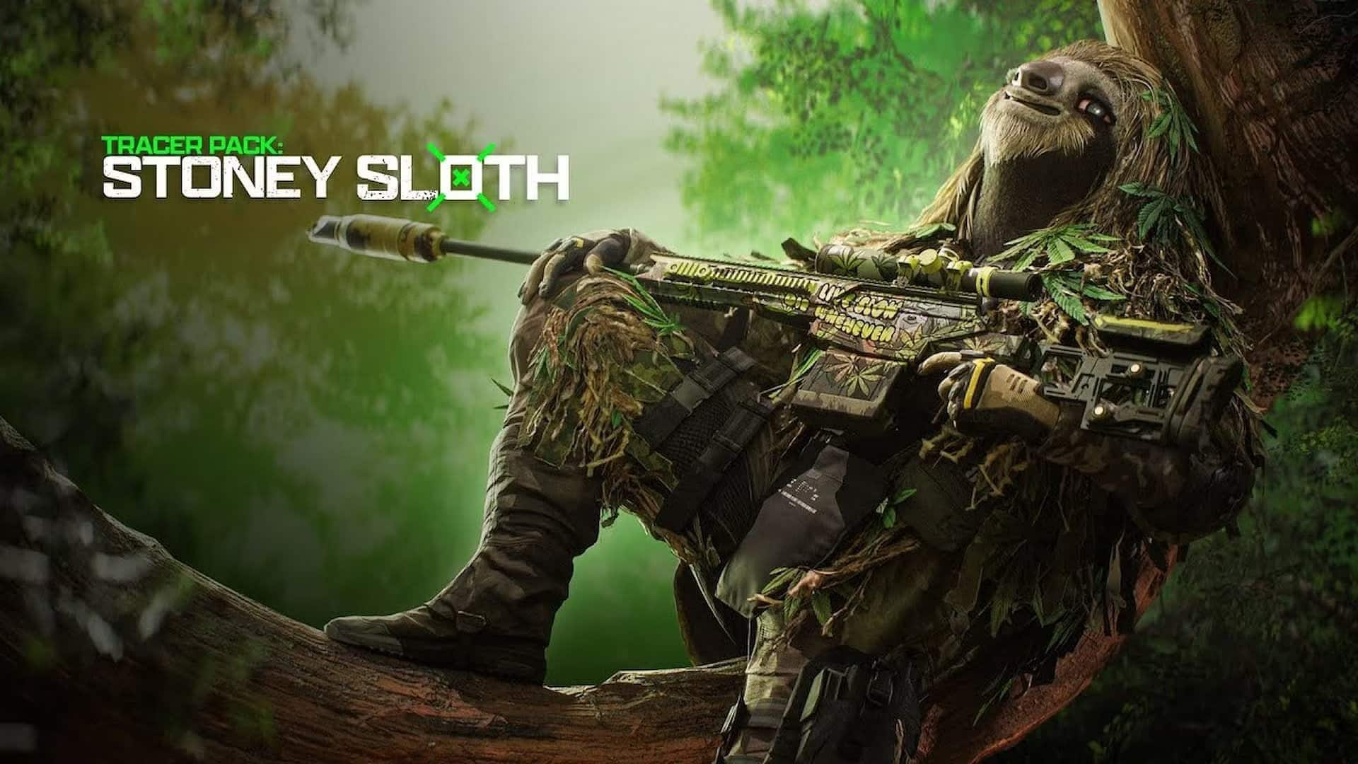 A Sloth holding a sniper rifle, leaning against a tree