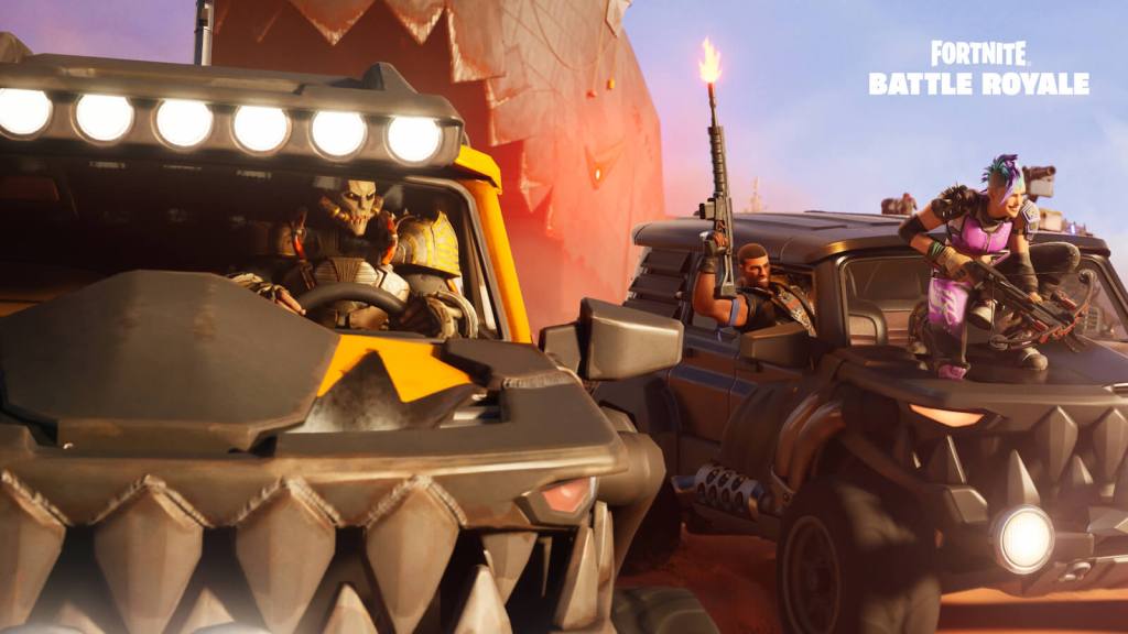 Players driving jeeps in Fortnite, with one sitting on the hood and another firing a gun out the window.