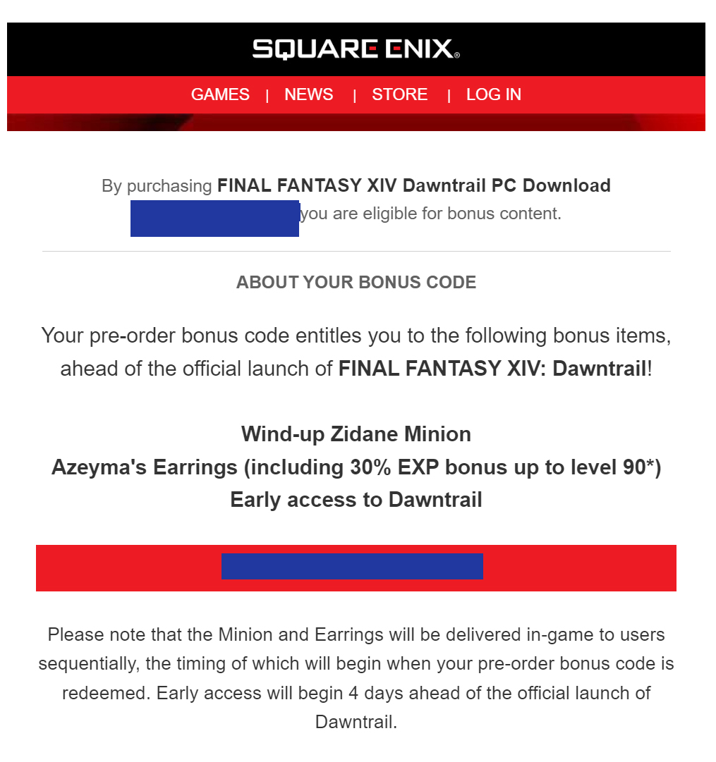 The Final Fantasy XIV Dawntrail Registration code email, explaining where to get the WInd-up Zidane Minion, Azeyma's Earrings, and Dawntrail Early Acces