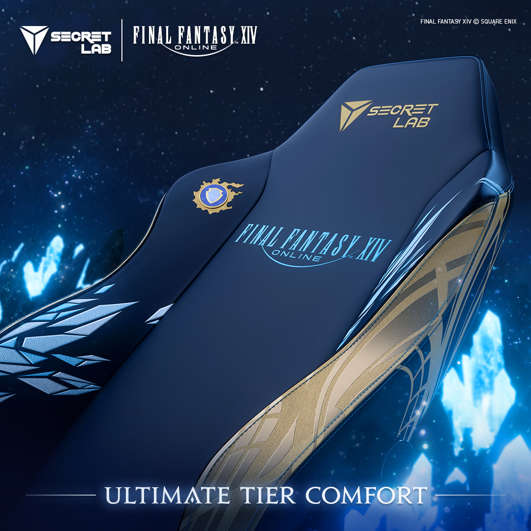 FFXIV x Secret Lab chair, showing the logo and the dark blue and gold colors up close