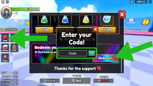 How to redeem codes in Dungeon RNG