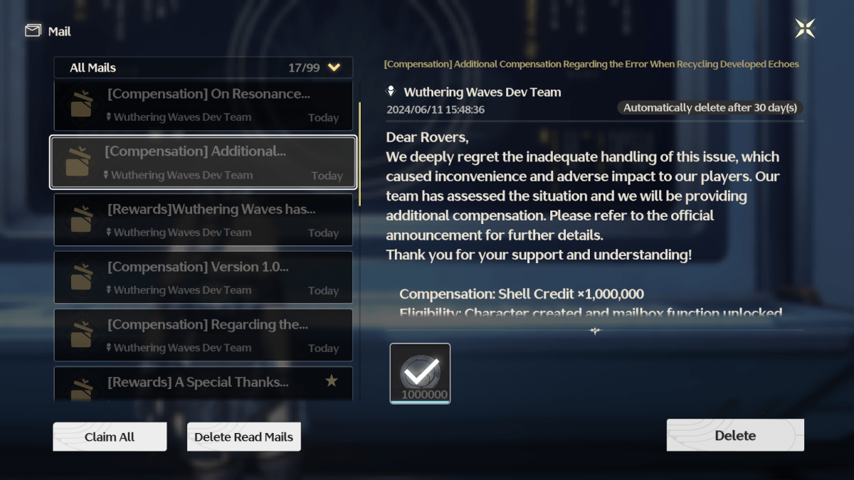 Compensation for issues faced by players in Wuthering Waves