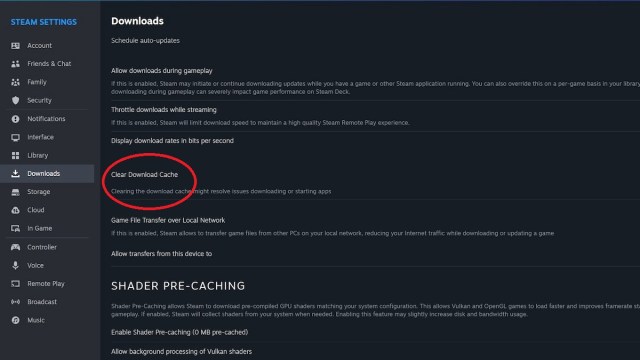 Clearing cache in Steam 