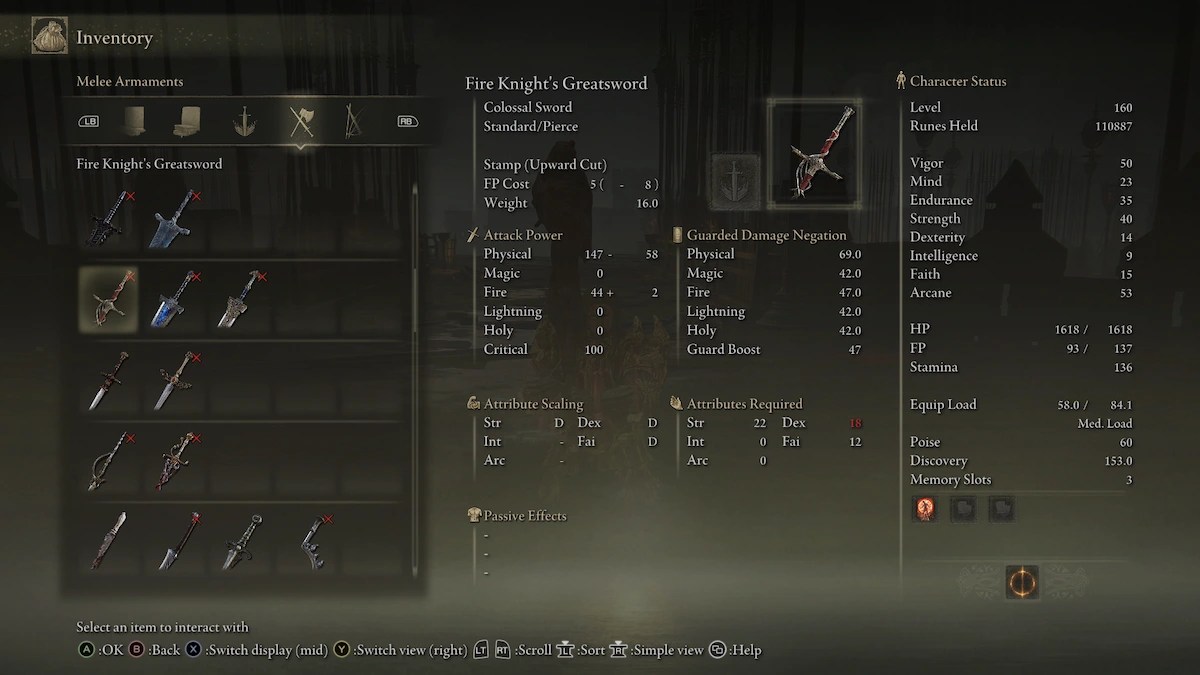 elden ring fire knight's greatsword equipment screen