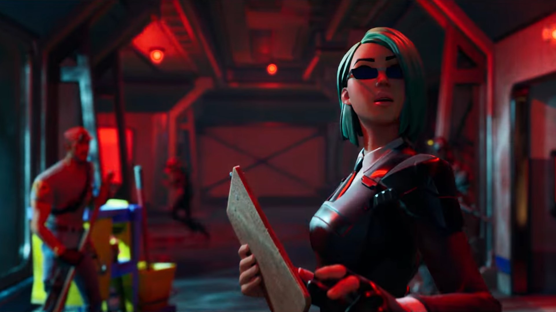 A Fortnite character wearing sunglasses holding a clipboard. 