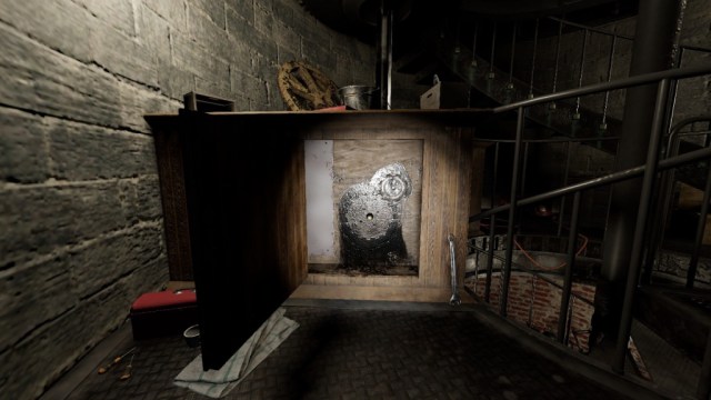 Phasmophobia: a small cupboard has been opened revealing a space for a cog.