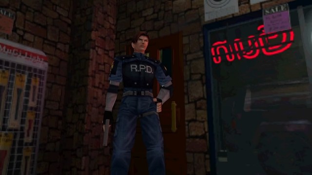 Resident Evil 2 (1998) - Leon Kennedy stands agog in a weapons store.