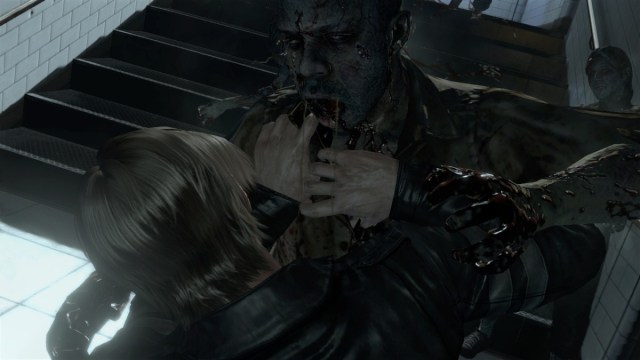 Resident Evil 6: a zombie attacking Leon Kennedy at the bottom of some stairs.