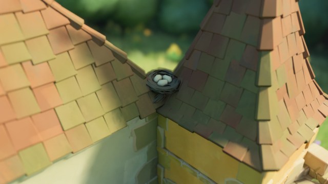 A bird nest between two buildings in Tiny Glade