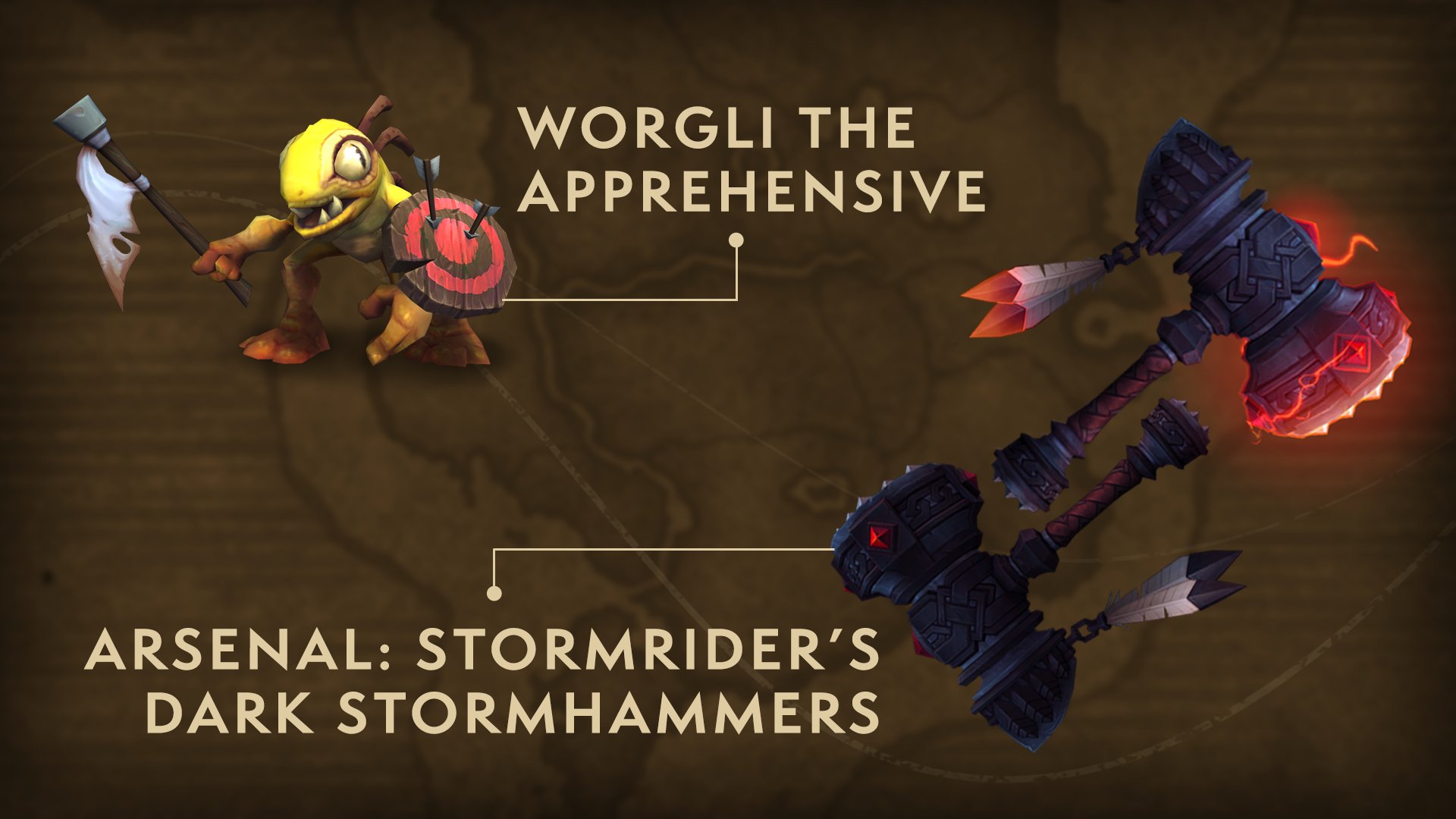 A murloc holding a white flag and shield and a pair of dark hammers