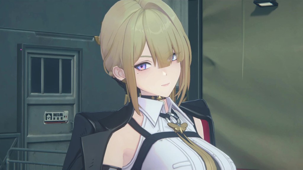 Evelyn looking slyly at the camera in her coat in Zenless Zone Zero