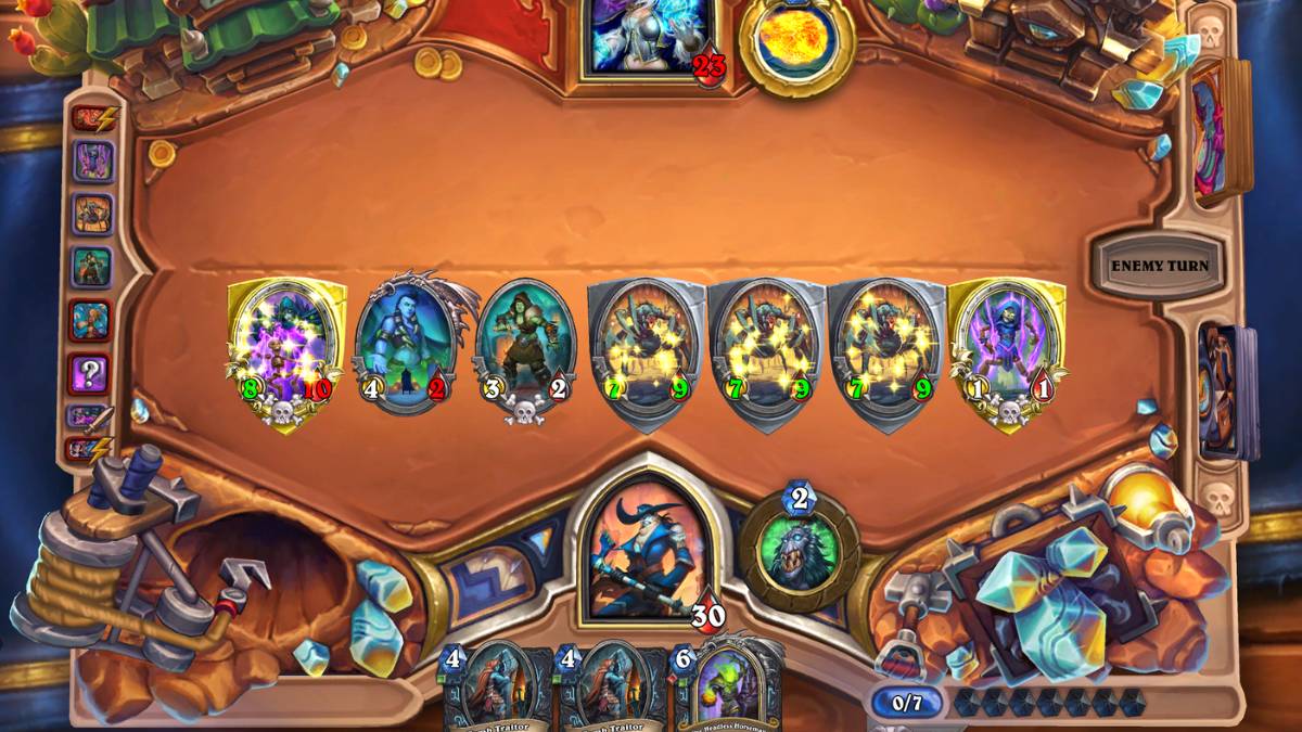 Gameplay image from Hearthstone featuring a board full of minions