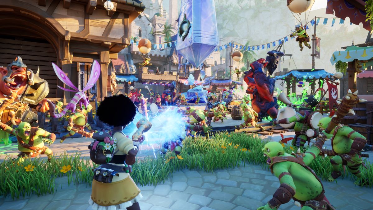 A Warmage battles a horde of orcs with an ice weapon