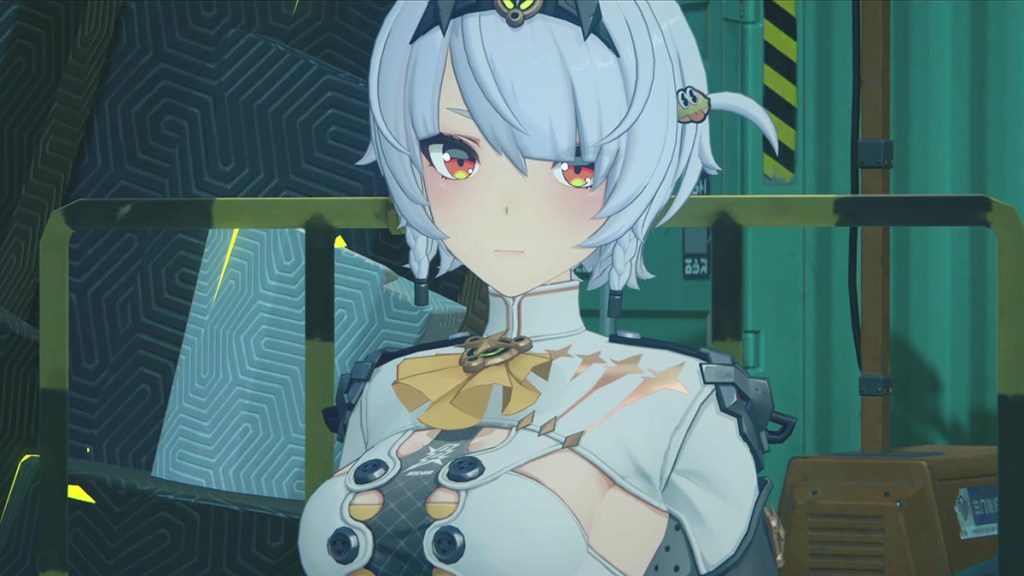 Silver Soldier Anby standing among shipping containers in Zenless Zone Zero