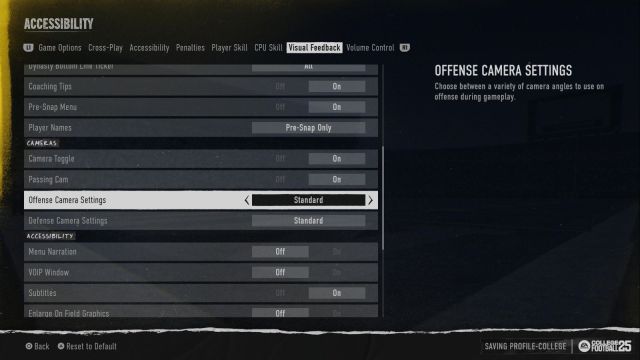 An image of College Football 25 settings