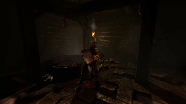 Amnesia The Dark Descent: a creepy monster with a large jaw standing by a dark well.