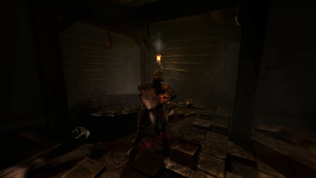Amnesia The Dark Descent: a creepy monster with a large jaw standing by a dark well.