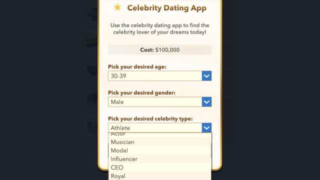 BitLife celebrity dating app menu