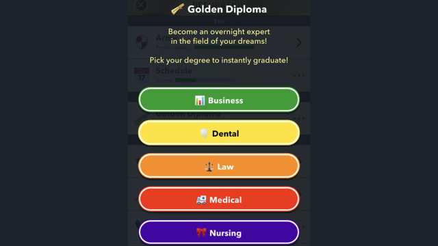 BitLife Golden Diploma menu and degree list