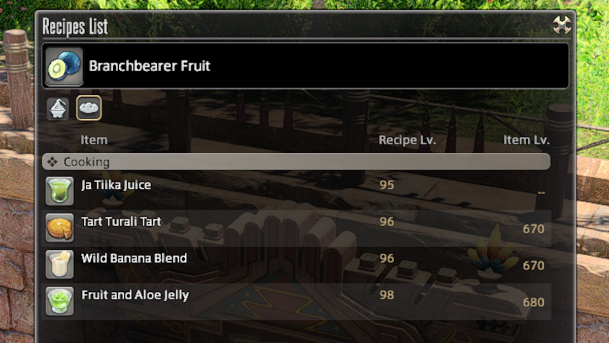 Recipes made using Branchbearer Fruit in Final Fantasy XIV