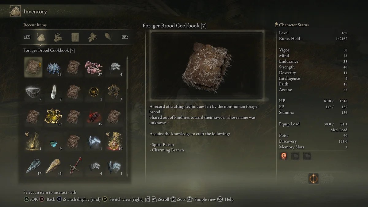 elden ring forager brood cookbook 7 inventory screen