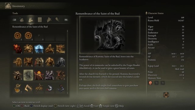 elden ring remembrance of the saint of the bud inventory screen