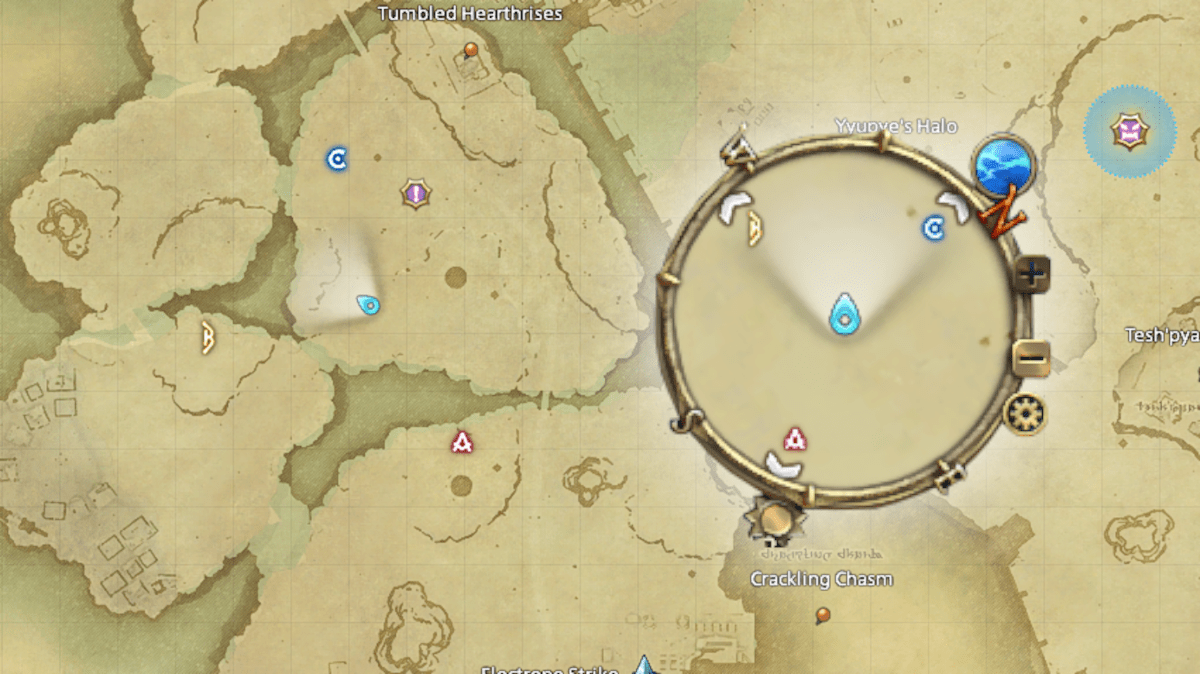 Waymarks placed down when gathering in Final Fantasy XIV, shown on both the main map and as they appear on the minimap