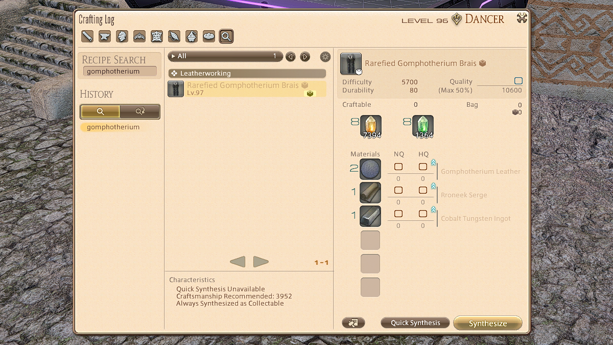 A recipe using Gomphotherium Leather in Final Fantasy XIV