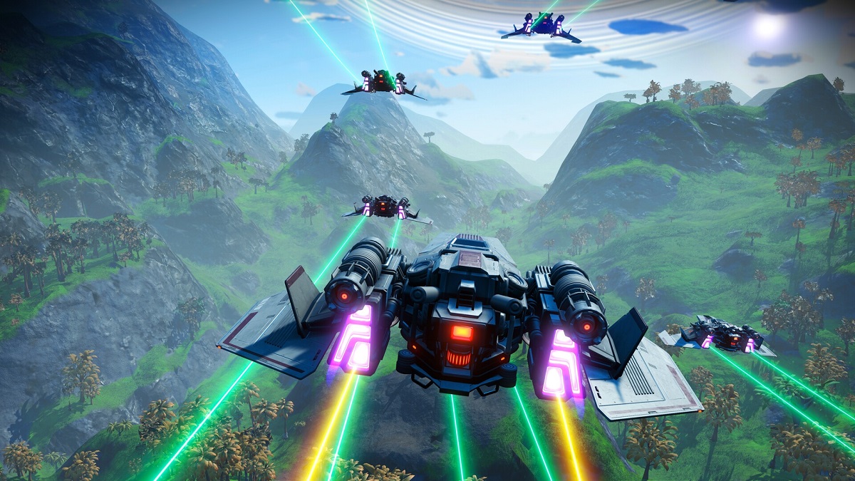 No Man's Sky: a fleet of spaceships fly over a green valley.