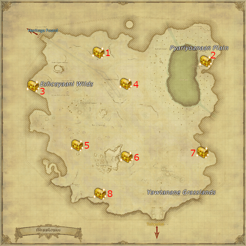 Potential locations for Loboskin Treasure Coffers in Shaaloani, Final Fantasy XIV