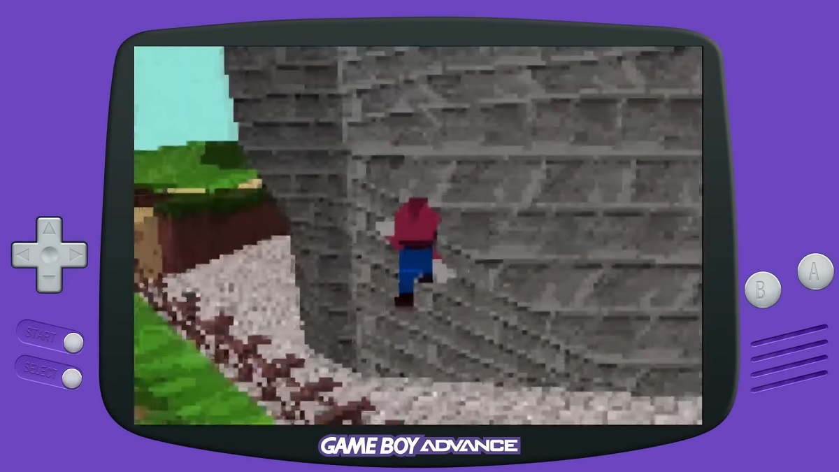 Screenshot from a "demade" version of Super Mario 64 with a border that looks like a Nintendo Game Boy Advance.