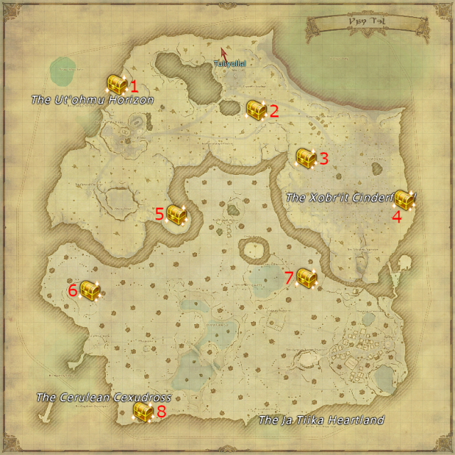 Potential locations for Loboskin Treasure Coffers in Yak T'el, Final Fantasy XIV