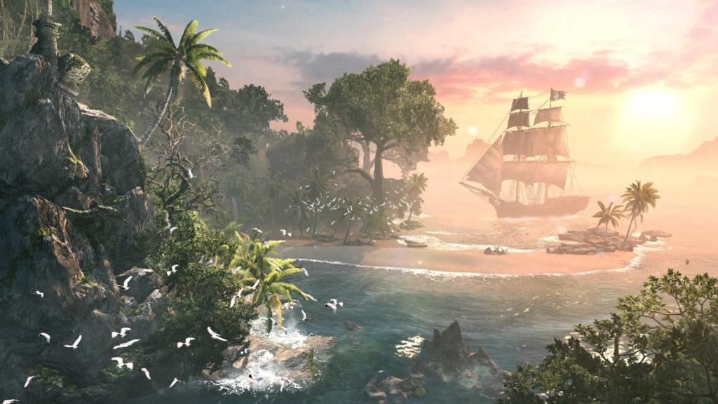 A lagoon and a ship in the distance in Assassin's Creed Black Flag