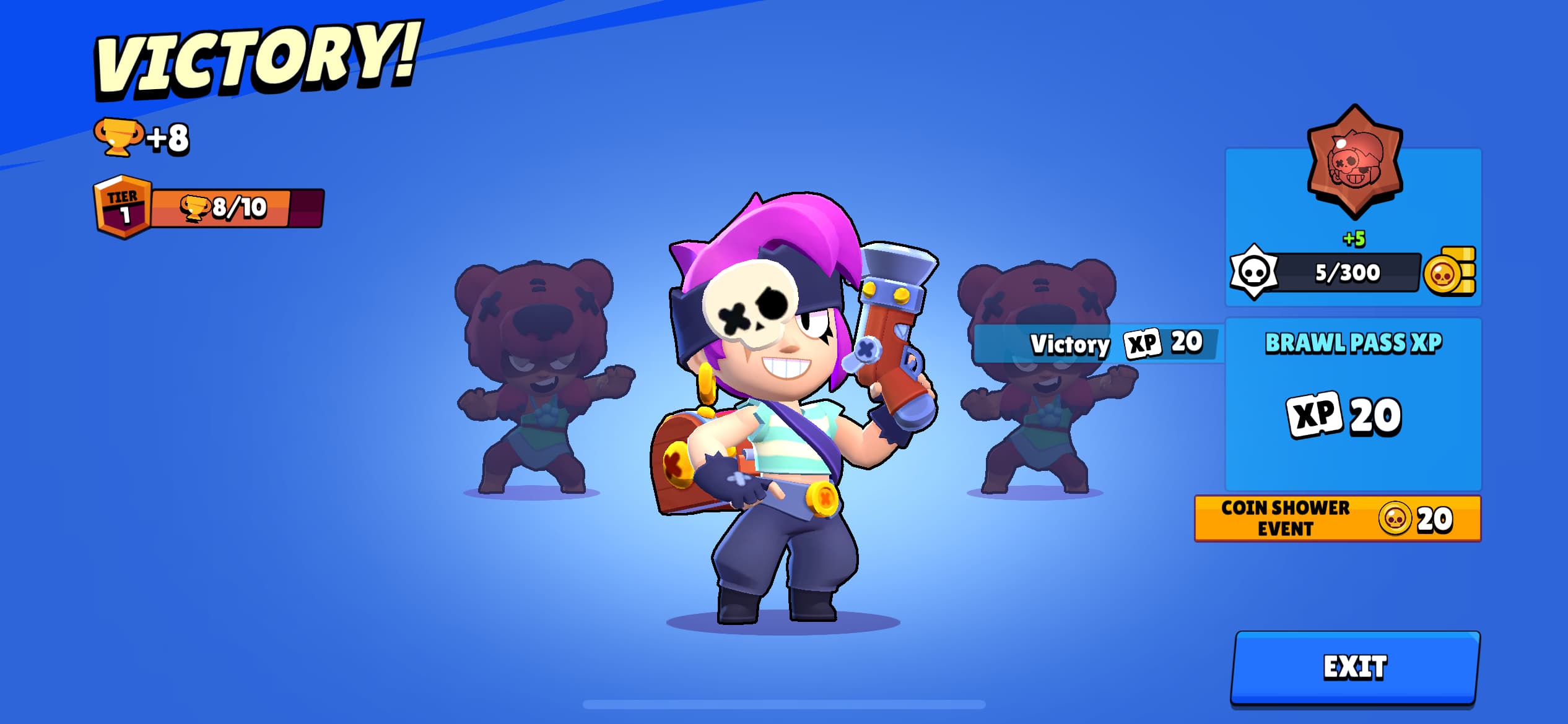 A screenshot of earning double coins in a match with Nita in Brawl Stars.