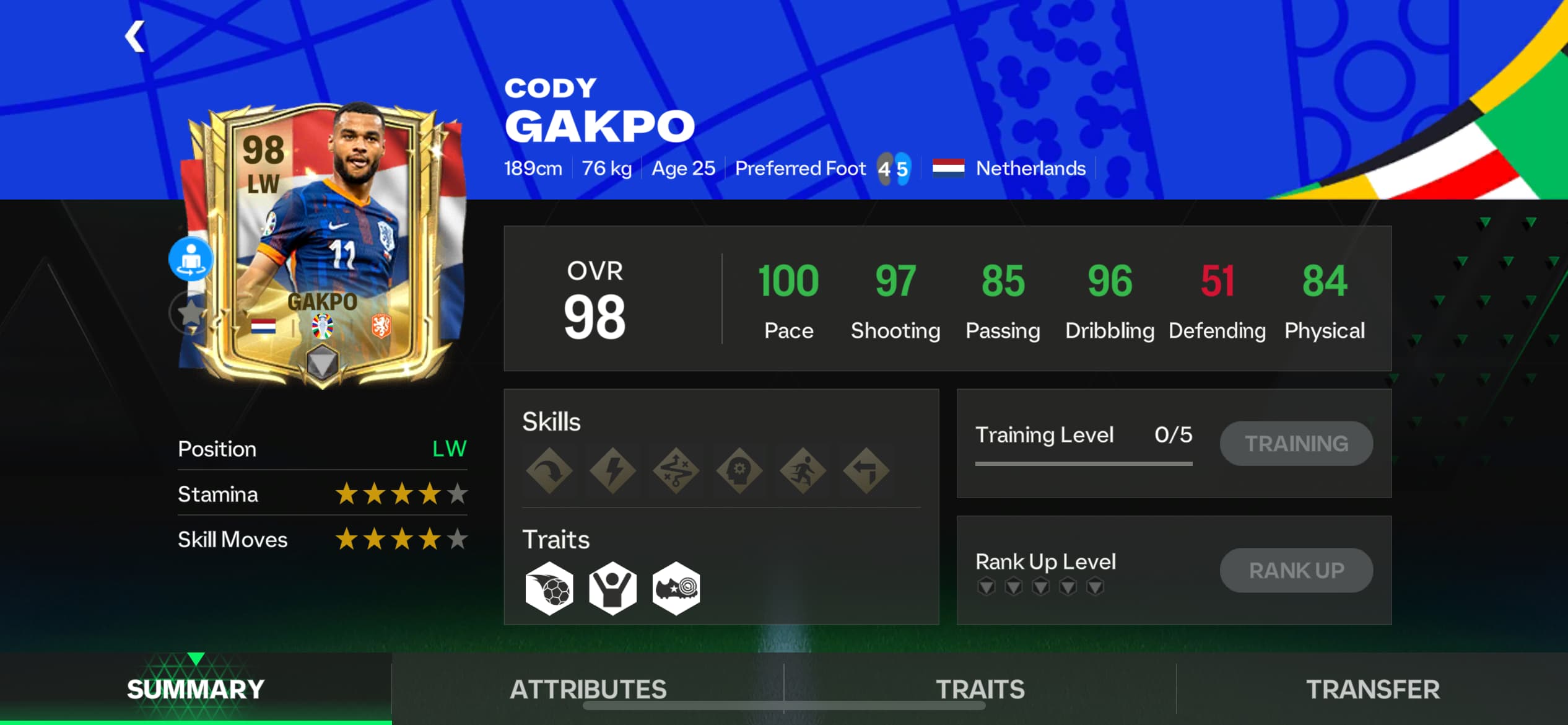 A screenshot of Cody Gakpo's stats in FC Mobile.