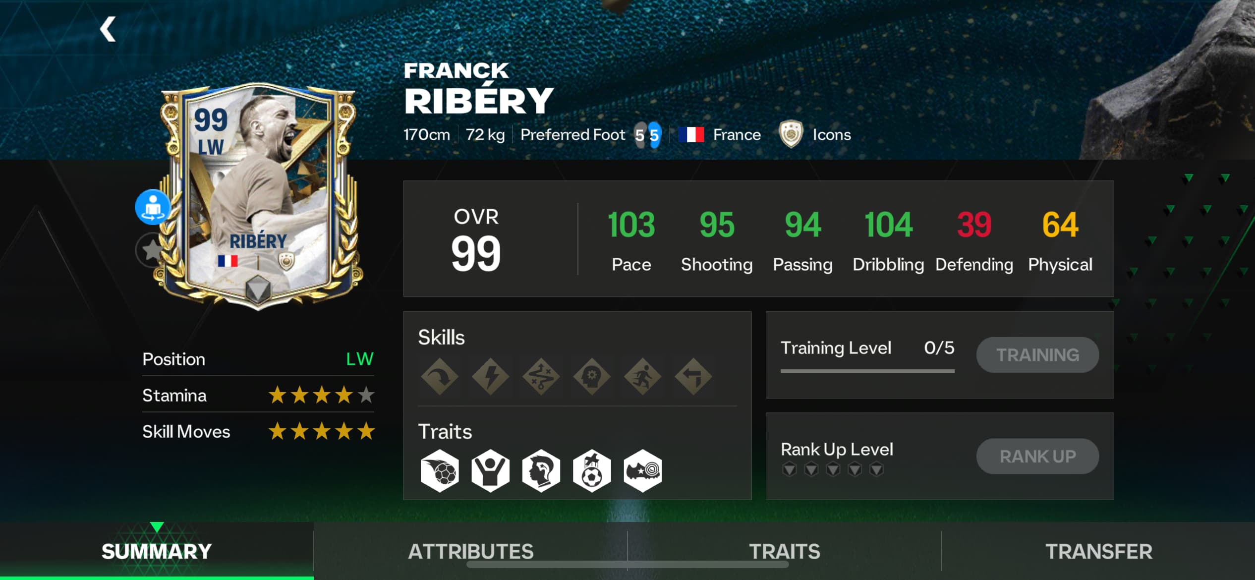 A screenshot of Franck Ribéry's stats in FC Mobile.