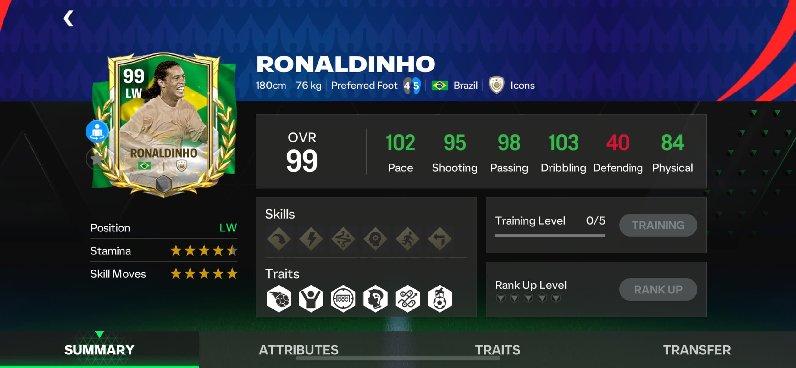 A screenshot of Ronaldinho's stats in FC Mobile.