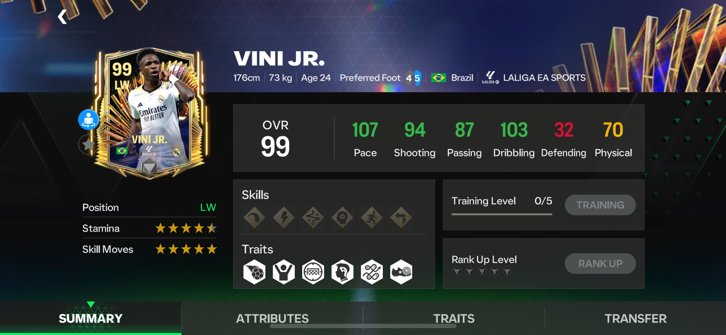 A screenshot of Vini Jr.'s stats in FC Mobile.