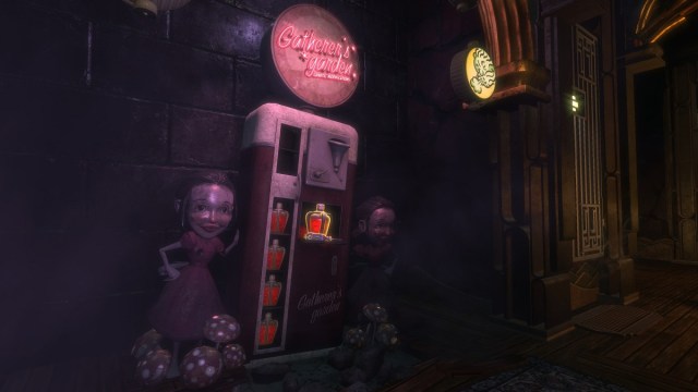 BioShock: a battered Gatherer's Garden vending machine with creepy, girl statues either side of it.