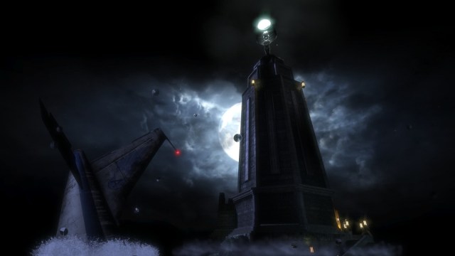 BioShock: a lighthouse stands out from the dark ocean at night.