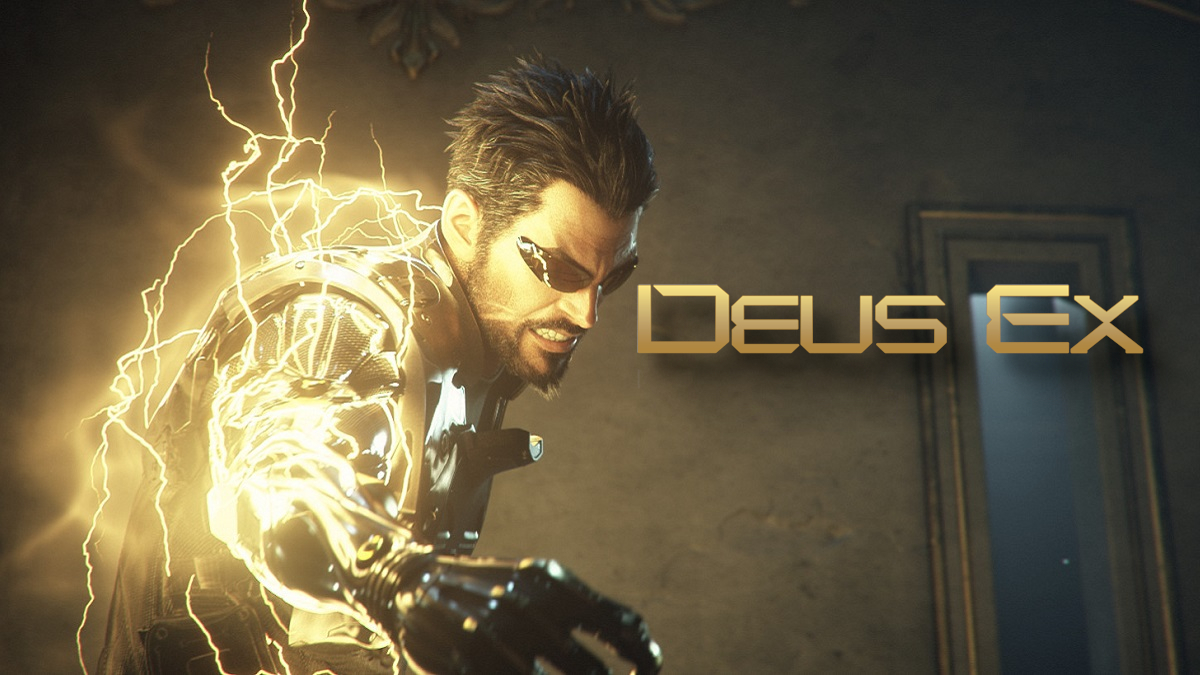 Adam Jensen charging up next to the Deus Ex logo.