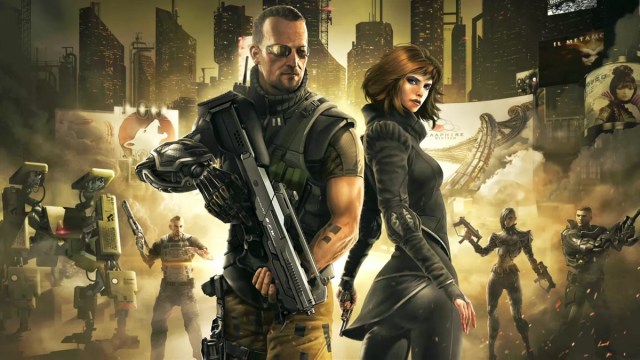 Deus Ex The Fall: Agents Ben Saxon and Anna Kelso stand next to each other with other merceneries in the background.