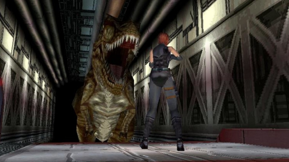 Dino Crisis: a woman with red hair aims a gun at a roaring T-Rex.