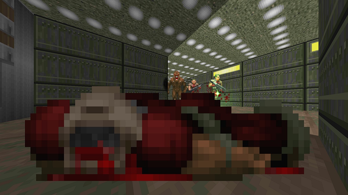 Doom: Doomguy lies on the floor dead as enemies move about in the background.