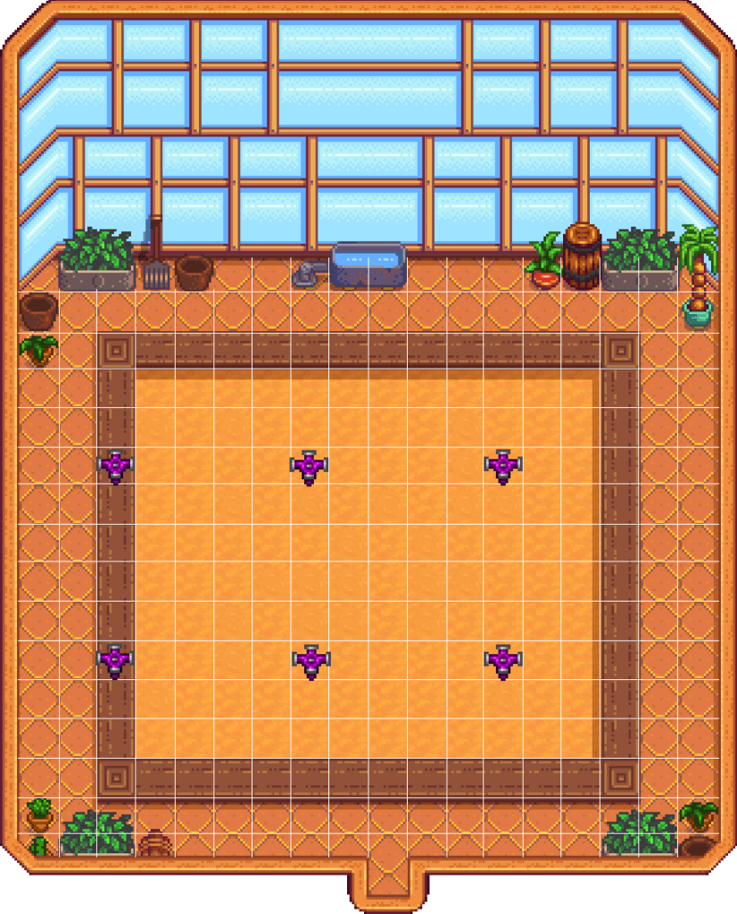 Optimal layout for Iridium Sprinklers in the Greenhouse in Stardew Valley